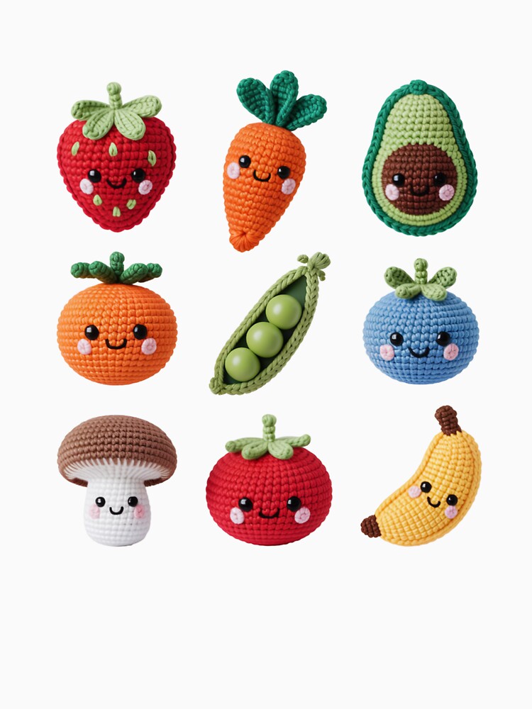 Kawaii Crochet Fruits Vegetables Grid T-Shirts, Hoodie, Sweatshirt
