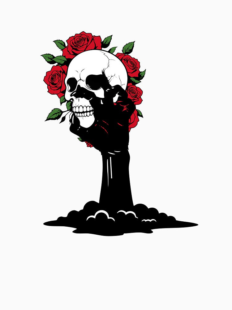 Gothic Skull with Red Roses Dark Ink Illustration by Midnight Roses Collection T-Shirts, Hoodie, Sweatshirt (Image 3)