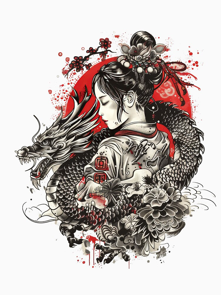 Highly Detailed Japanese Woman And Dragon. Tattoo Style Art by Lucy Goosy Art T-Shirts, Hoodie, Sweatshirt (Image 3)