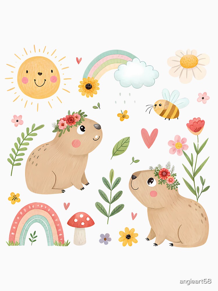A0735 Springtime Capy Vibes Cute Capybara with Flowers | Relaxing Animal Aesthetic by angieart68 T-Shirts,... (Image 3)