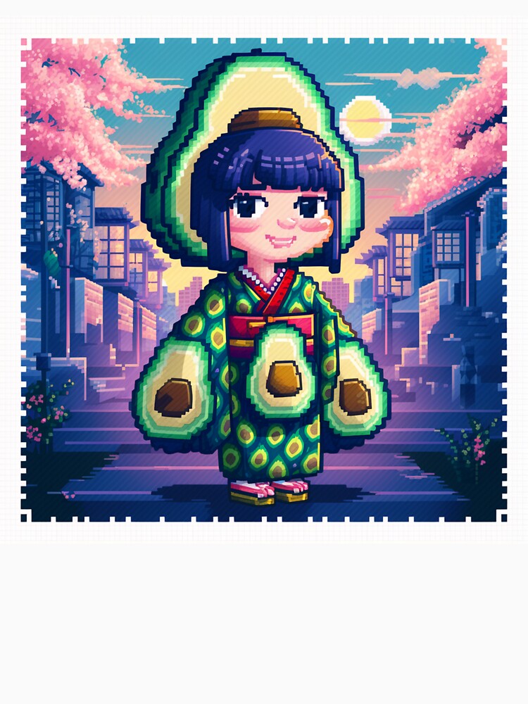 Pixel Art Japanese Girl with Avocado/Palta Design - Retro Art for Clothing, Mugs, Accessories, and Stickers by... (Image 3)