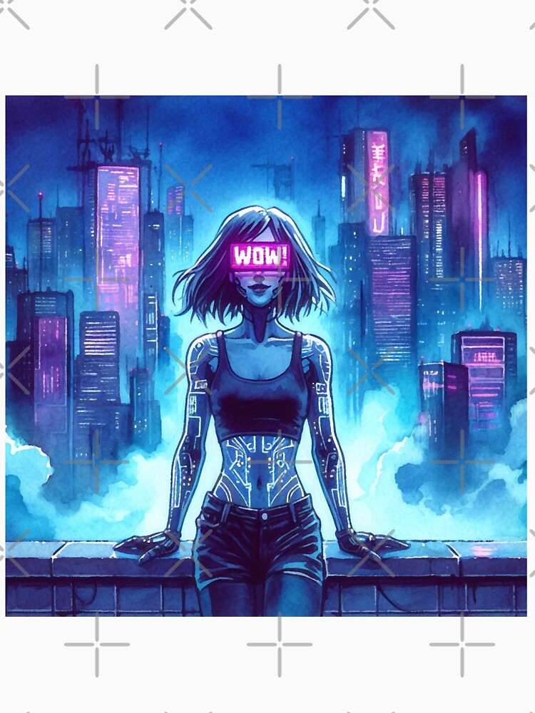 Cyberpunk Neon Girl on Skyscraper Roof "WOW!" by RESToRAPTOR T-Shirts, Hoodie, Sweatshirt | BlankRebels.com (Image 3)