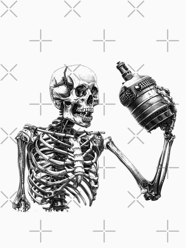Skeleton Toasting Grenade – Dark Humor Black and White Illustration by inkoutninja T-Shirts, Hoodie, Sweatshirt (Image 3)