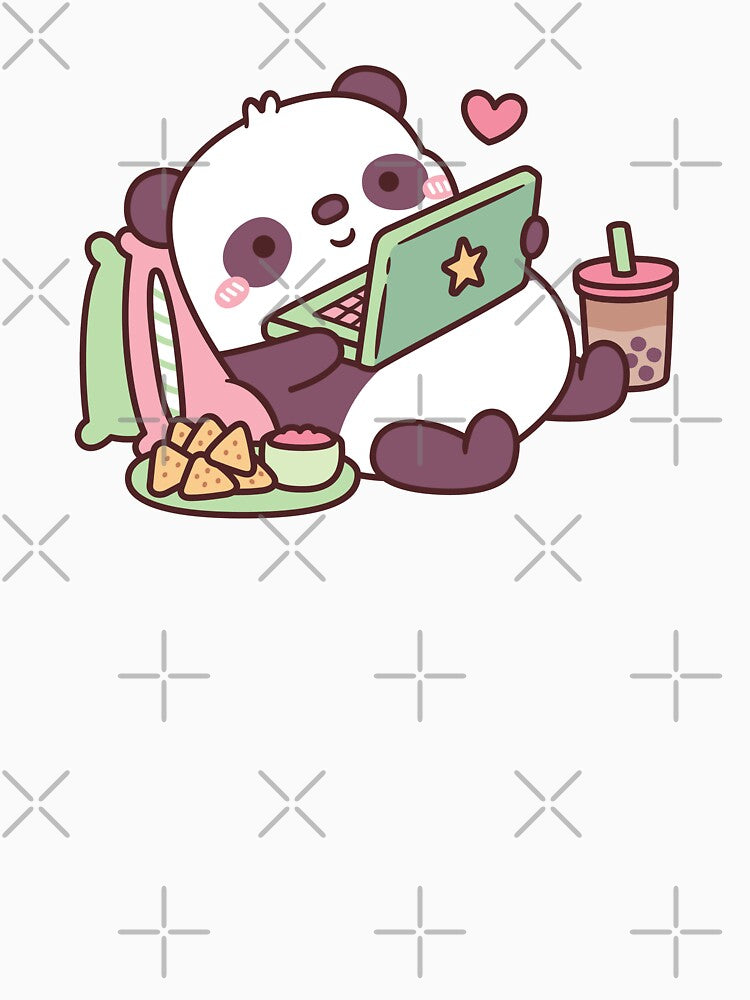 Cute Panda Chillin with Anime Chips and Bubble Tea by rustydoodle