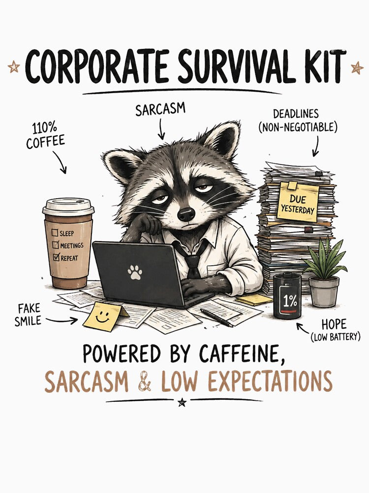 Powered by Caffeine, Sarcasm & Low Expectations – Corporate Survival Kit Raccoon by Echo_Lane