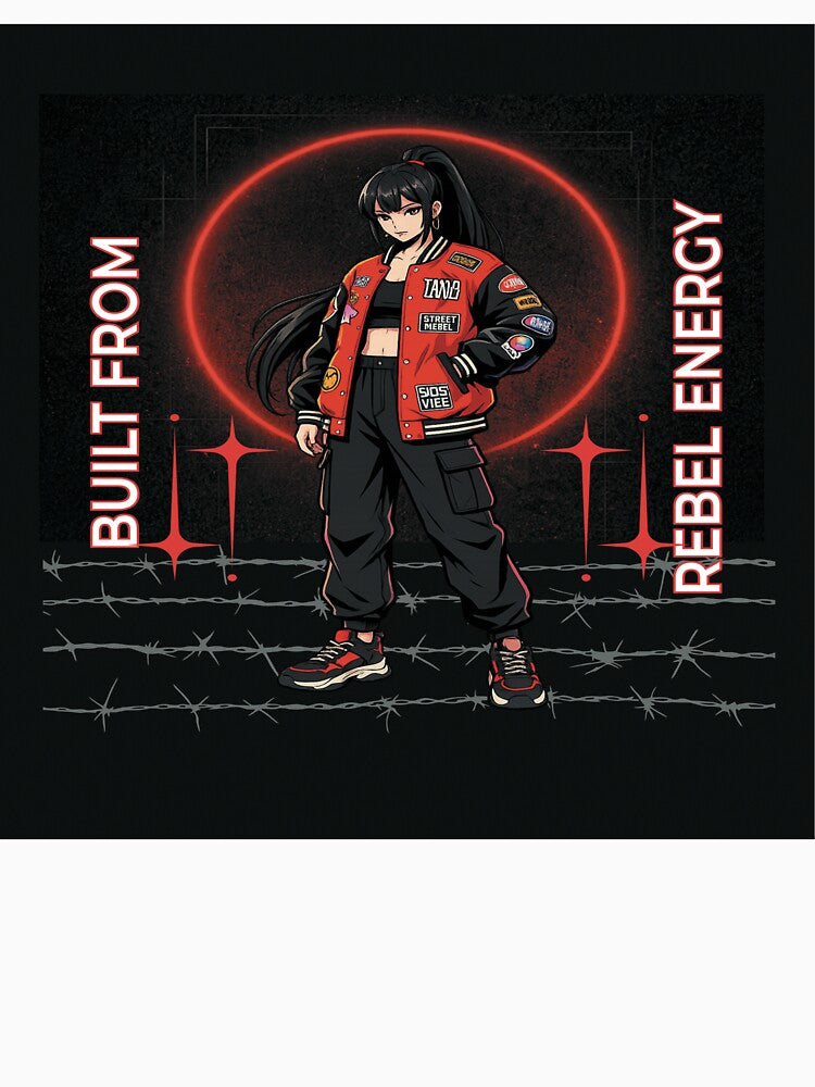 Built From Rebel Energy Anime Streetwear Girl Graphic T-Shirt – Urban Red Aesthetic Punk Style by designreach... (Image 3)