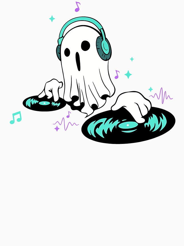 Cute Ghost DJ Cartoon Character Playing Music Vinyl Illustration by hn79 T-Shirts, Hoodie, Sweatshirt (Image 3)