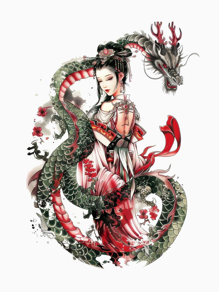 Japanese Geisha And Dragon. Tattoo Style Art. by Lucy Goosy Art T-Shirts, Hoodie, Sweatshirt | BlankRebels.com (Image 3)