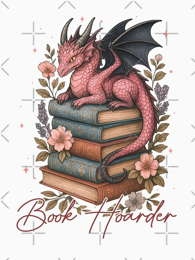 Book hoarder pink dragon and books by FatBirdie