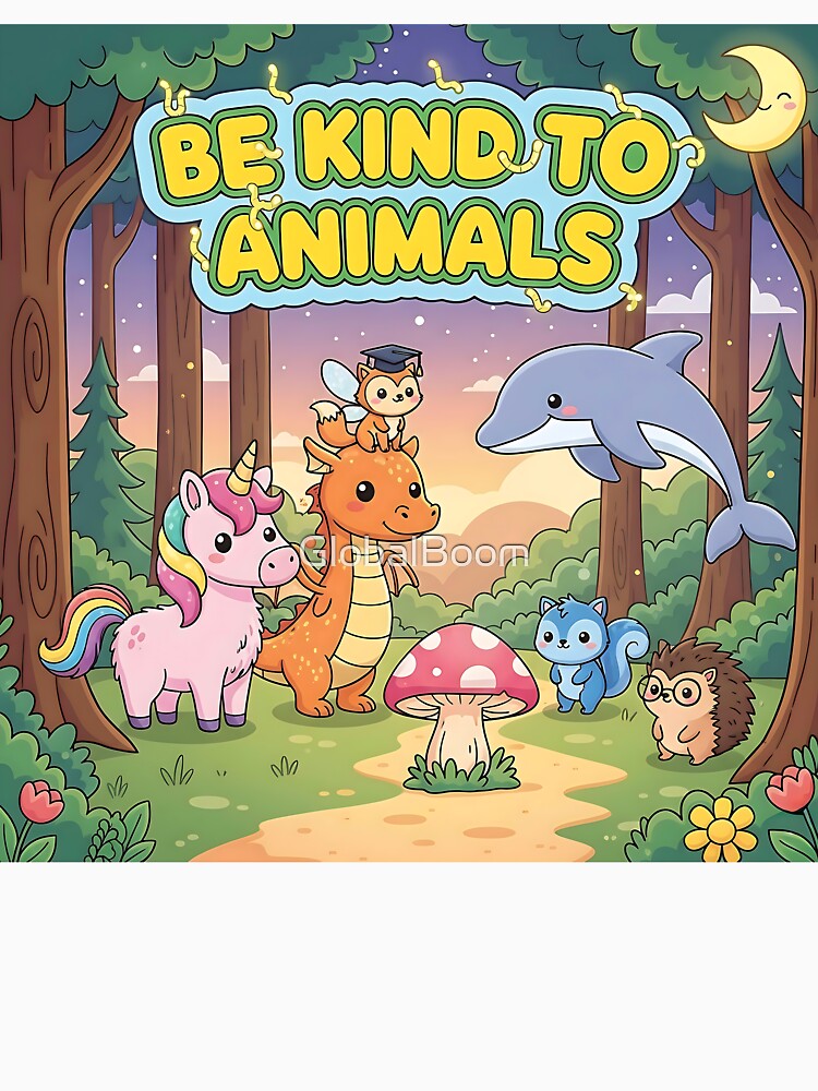 Be Kind To Animals – Cute Unicorn, Dolphin, Hedgehog, Dragon & Blue Squirrel Illustration by GlobalBoom... (Image 3)