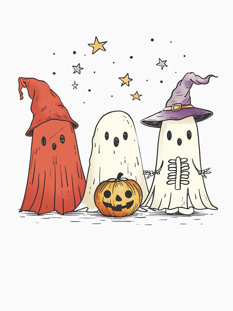 Cute Halloween Ghost Trio – Spooky Friends with Pumpkin and Stars Illustration by EchoofElijah T-Shirts,... (Image 3)