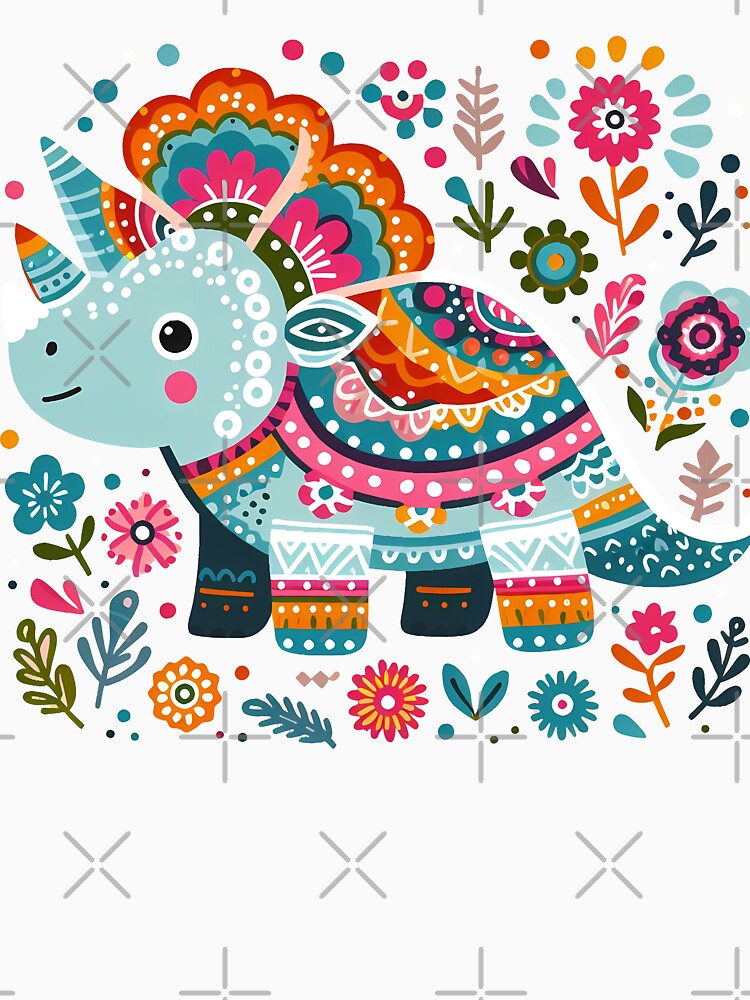 Cute Triceratops with Flowers - Scandinavian Folk Art by heidiannemorris © by FOLK ART FUSION by... (Image 3)