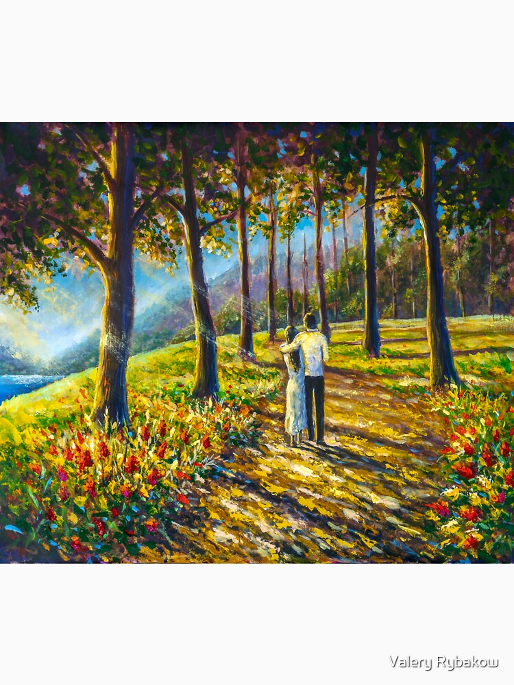 Romantic couple walking in sunny park forest painting. Painting by Valery Rybakou by rybakowvalery T-Shirts,... (Image 3)