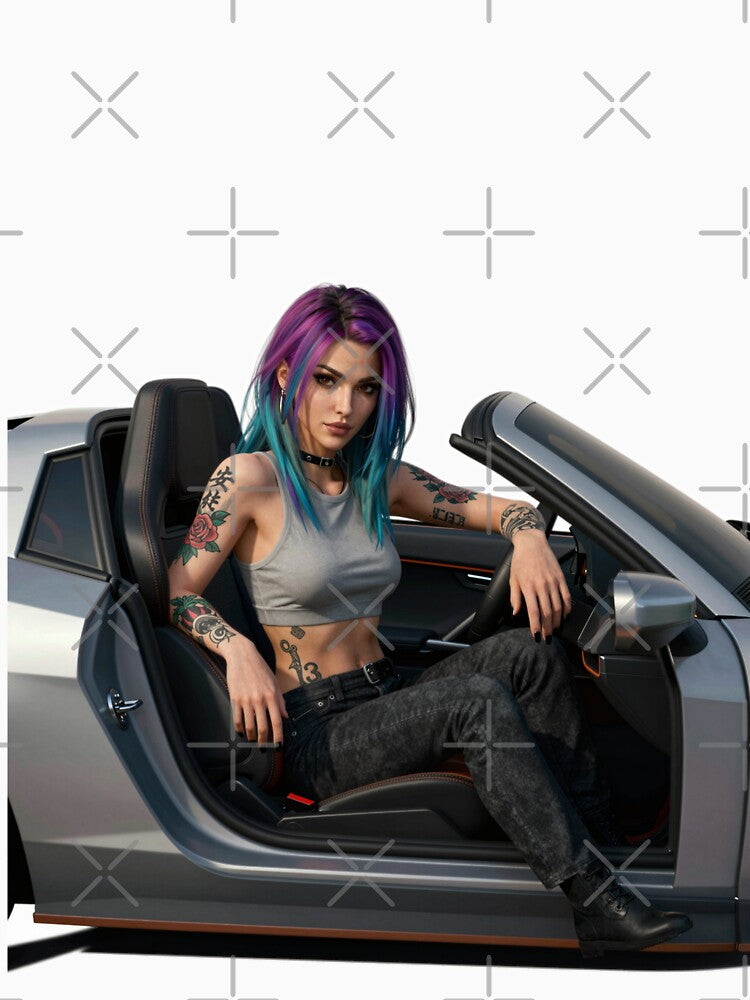 Cyberpunk Lady sitting in sports car by aykiradesigns