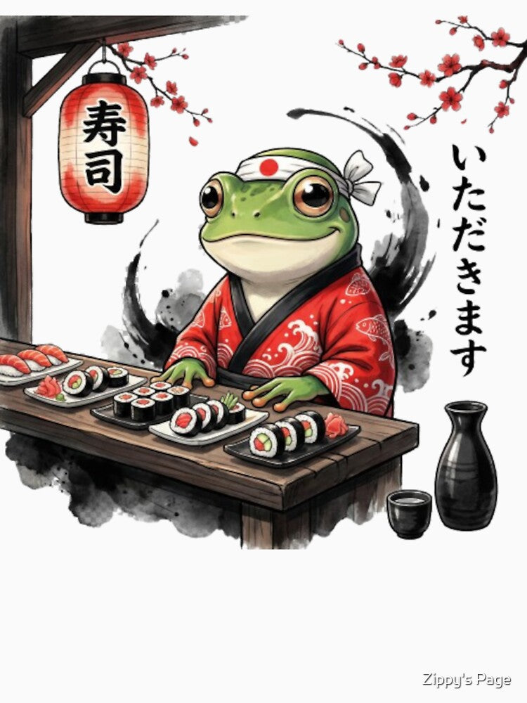 Cute Frog Sushi Chef Itamae Red Kimono Japanese Ukiyo-e Style Illustration for T-Shirts, Hoodies, Sweatshirts... (Image 3)
