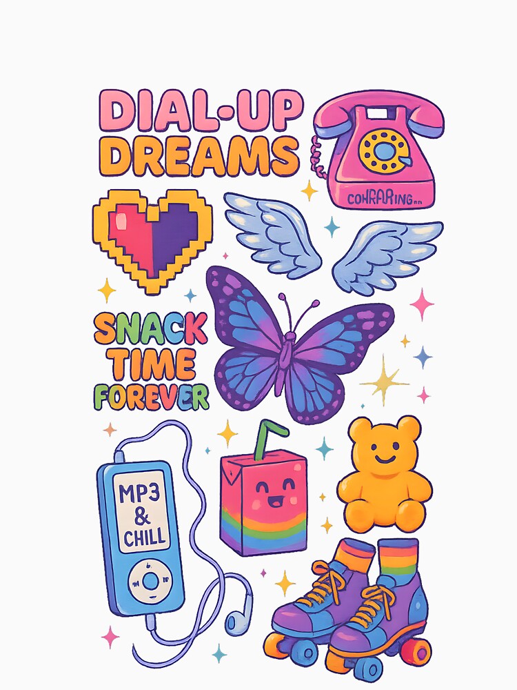 Y2K Aesthetic Kidcore T-Shirt – Retro 2000s Graphic Tee with Pixel Art, Cute Butterfly, Roller Skates & Pastel... (Image 3)