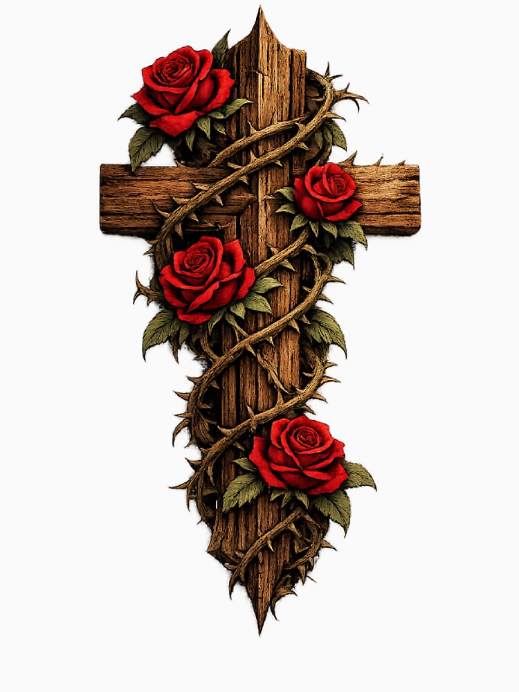 Wooden Cross With Vine Of Roses Streetwear by Lowkloot