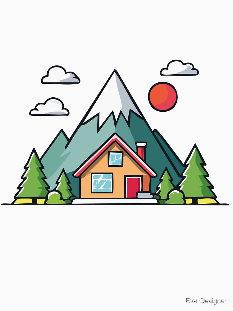 Little mountain house with clouds, sun and trees in the mountain by Eva-Designs- T-Shirts, Hoodie, Sweatshirt (Image 3)