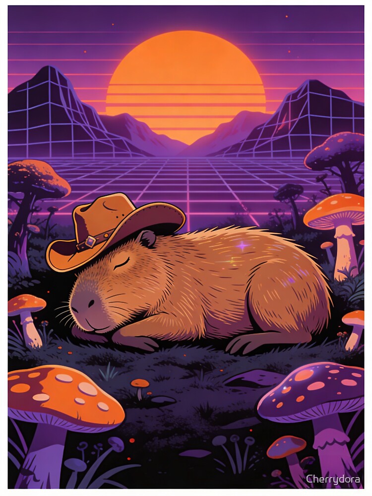 Synthwave Capybara Dream | Retro 80s Grid Sunset Cowboy Aesthetic by Cherrydora T-Shirts, Hoodie, Sweatshirt (Image 3)