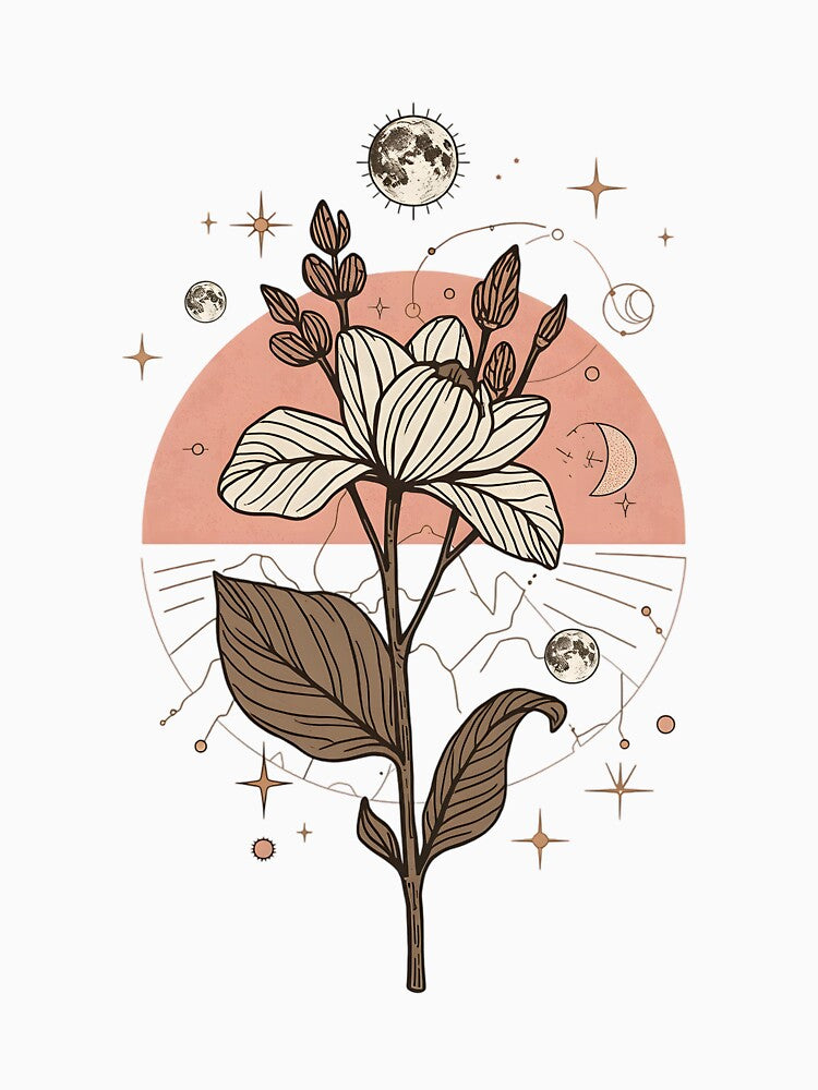 Mystic Celestial Botanical Flower Art with Moon and Stars Illustration by PalmixArt T-Shirts, Hoodie, Sweatshirt (Image 3)