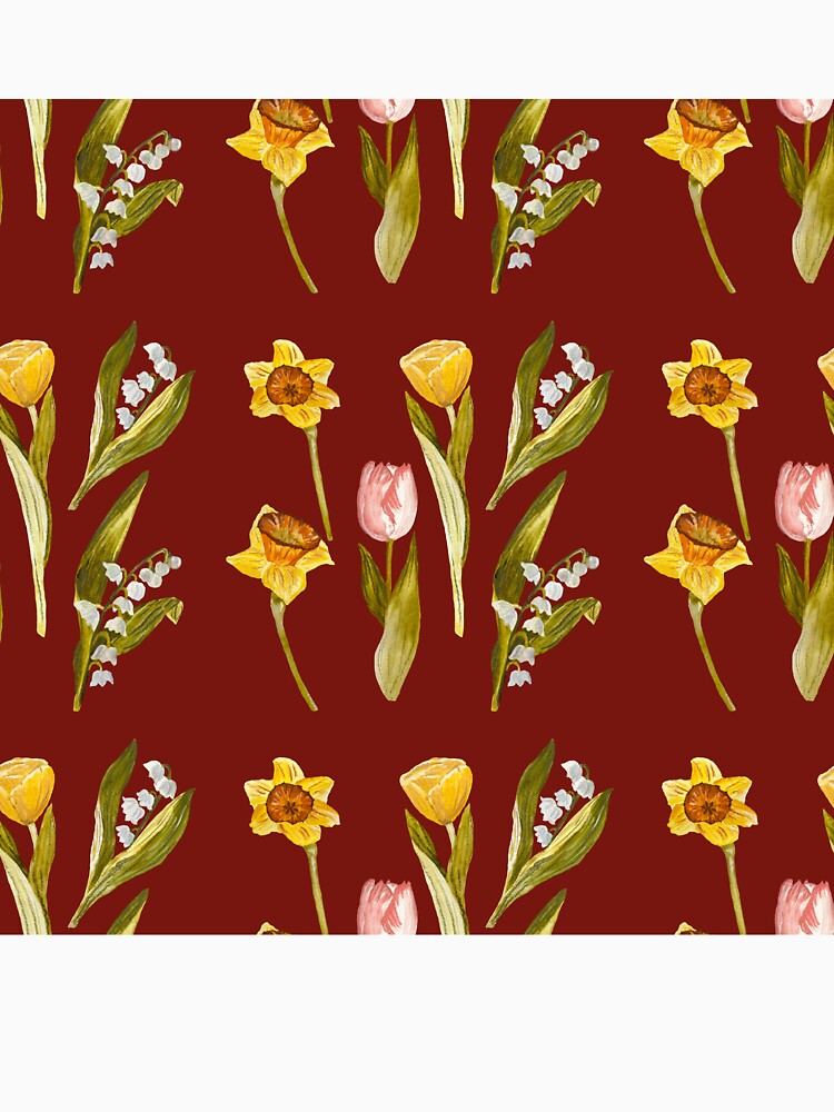 Daffodil tulip snowdrop Easter a seamless pattern red by Yana Mustafina | Boho Soulful Designs T-Shirts,... (Image 3)