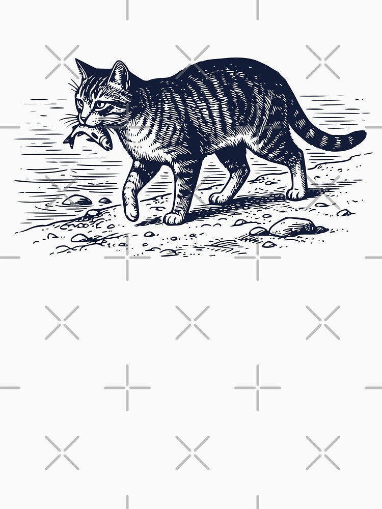 Vintage Fishing Cat Illustration – Engraved Wildlife River Design by TeeVerse27 T-Shirts, Hoodie, Sweatshirt (Image 3)