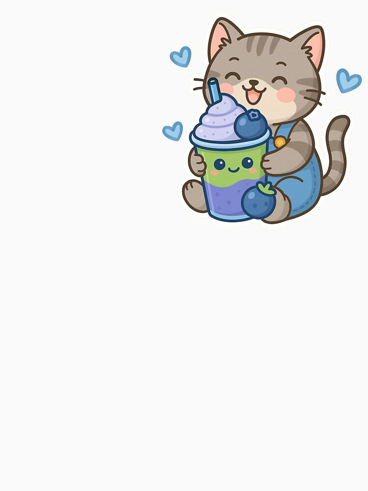 Kawaii Cat Hugging Blueberry Matcha Drink Sticker – Cute Kitten with Blue Hearts by mirozeliea T-Shirts,... (Image 3)