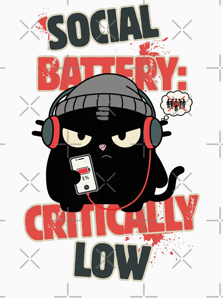 Social Battery Critically Low | Introvert Gamer Cat | Black Scowl by IAPICTURE T-Shirts, Hoodie, Sweatshirt (Image 3)