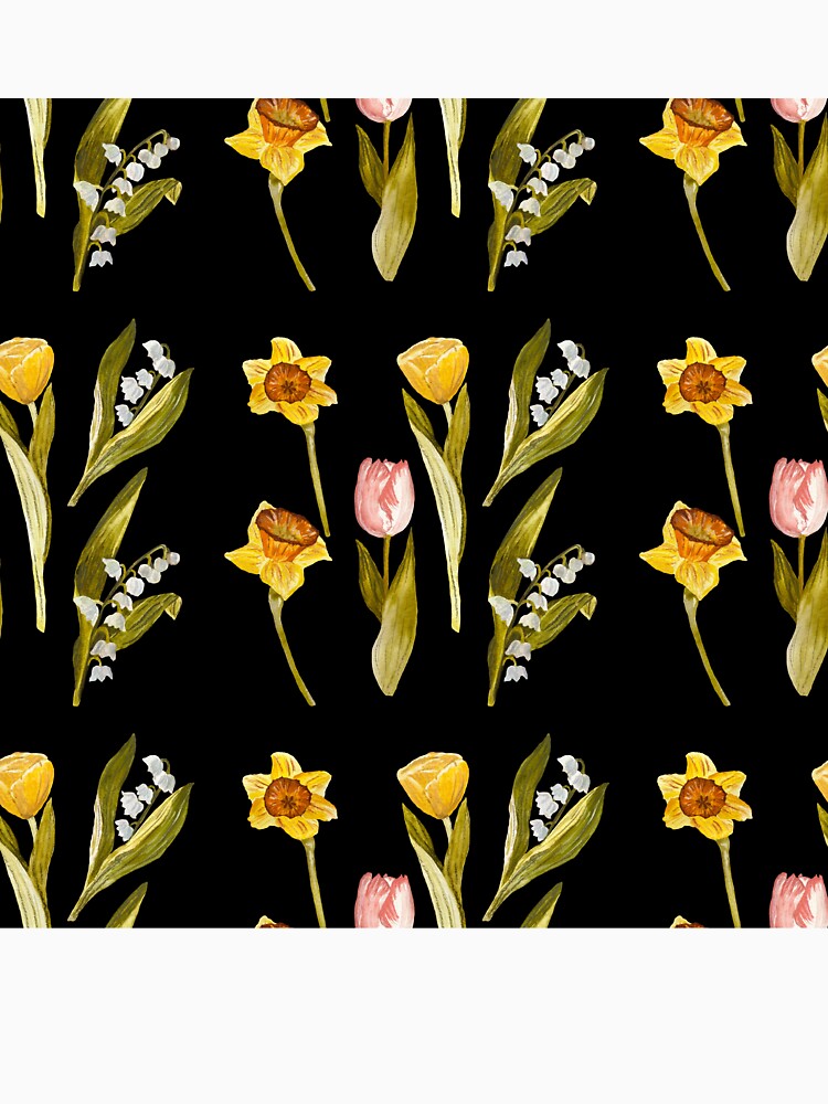 Daffodil tulip snowdrop Easter a seamless pattern black by Yana Mustafina | Boho Soulful Designs T-Shirts,... (Image 3)