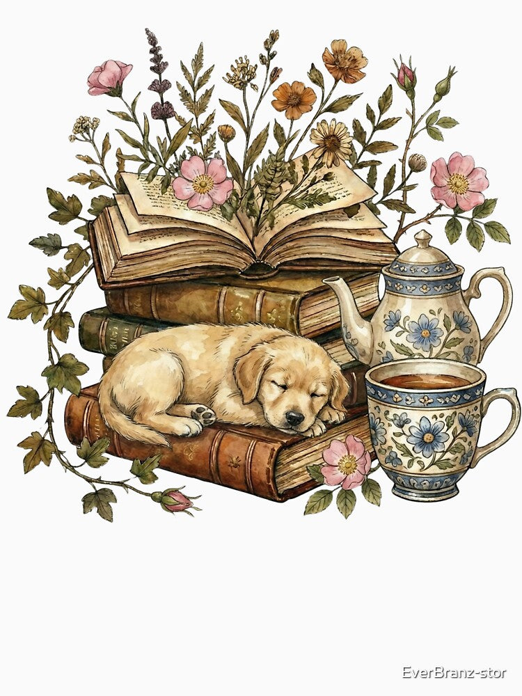 Cozy Vintage Books, Wildflowers, Tea & Dog Aesthetic by EverBranz-stor T-Shirts, Hoodie, Sweatshirt (Image 3)