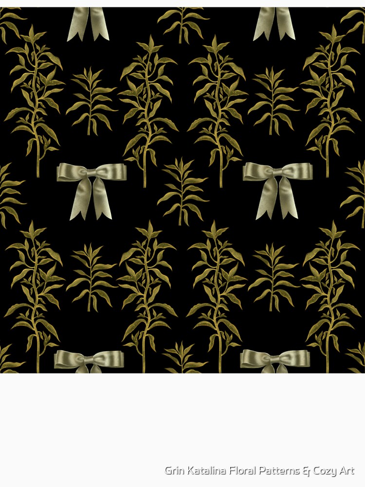 Botanical seamless print of green leaves and herbs, green bows on a black background by Grin Katalina Floral... (Image 2)