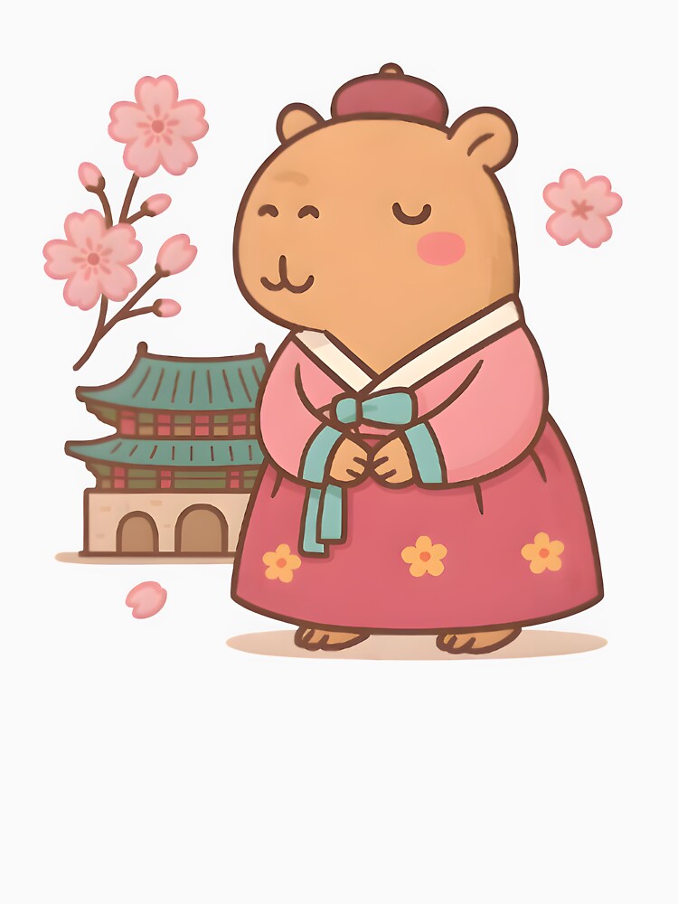 Kawaii Capybara in Korea – Cute Hanbok with Cherry Blossoms by Worldwide Capy T-Shirts, Hoodie, Sweatshirt (Image 3)