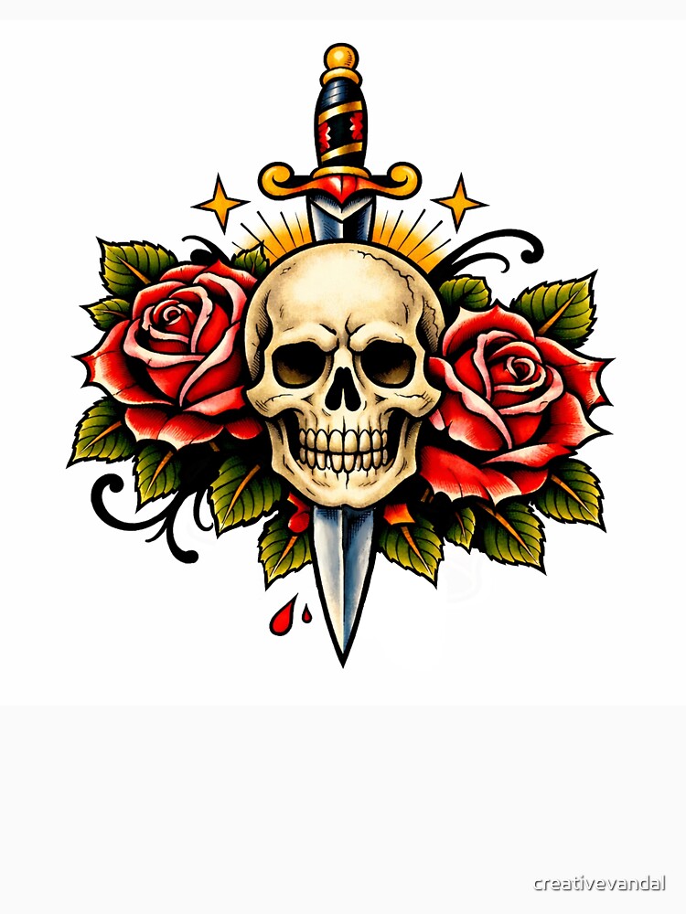 Skull and Dagger with Red Roses – Traditional Tattoo Art by creativevandal T-Shirts, Hoodie, Sweatshirt (Image 3)