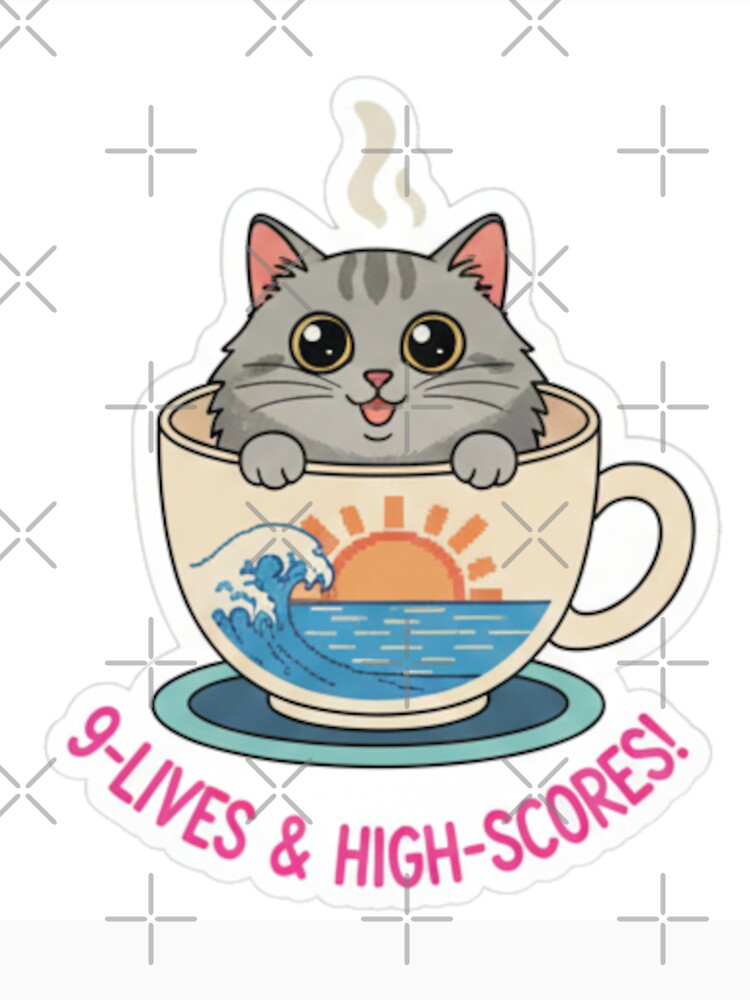 9-Lives & High-Scores: Cute Gamer Cat in Great Wave Teacup Sticker by TheChaosDesign T-Shirts, Hoodie, Sweatshirt (Image 2)