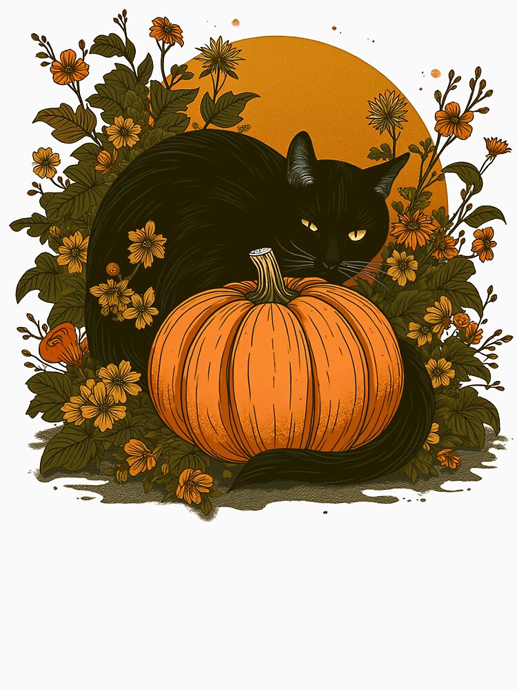Black Cat and Pumpkin Lurking in the Grass of Hagi (Japanese Bush Clover) - Halloween T-shirt, tee, t-shirt, hoodie, sweatshirt, long sleeve by Inklivion