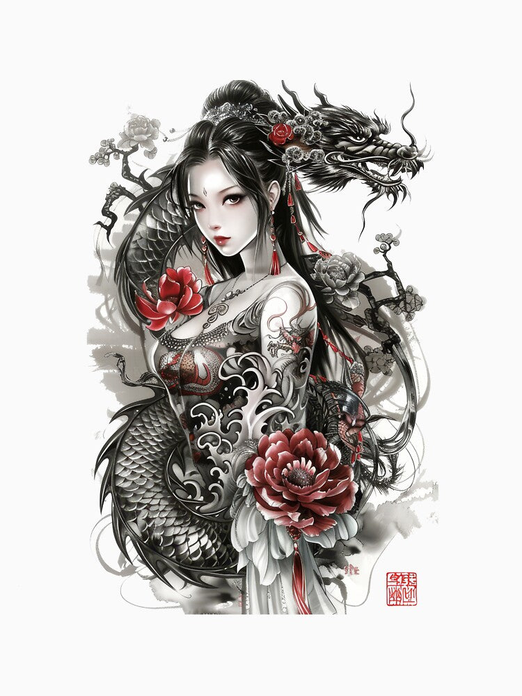 Japanese  Woman And Dragon.Tattoo Style Art. by Lucy Goosy Art T-Shirts, Hoodie, Sweatshirt | BlankRebels.com (Image 3)
