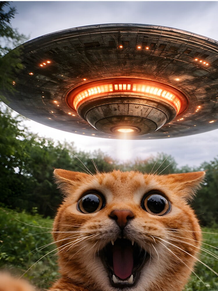 Funny Surreal Worried Cat Taking A Selfie of UFO Alien Spacecraft Humorous Animals by ManxCatAndy T-Shirts,... (Image 3)