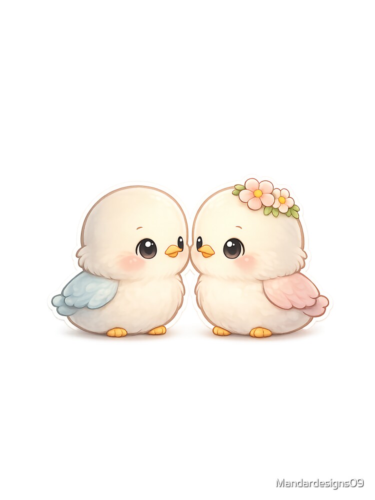 Two Pastel Birds Facing Each Other – Cute Kawaii Animal Design for Premium T-Shirts & Hoodies by Mandardesigns09