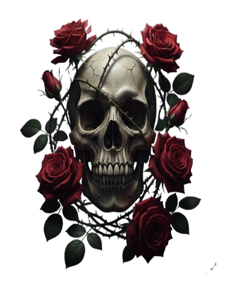 Dark Gothic Skull with Red Roses – Romantic Horror Floral Art by Chuahan_Arts