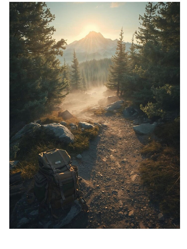 Hiking Trail Sunrise Mountain Backpack T-Shirt | Adventurous Nature Art by Falconwolf Hoodie, Sweatshirt (Image 3)
