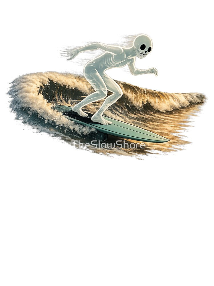 Ghost Surfer at Sunset – Retro Skeleton Surf Art, 80s Vaporwave Beach Design by TheSlowShore