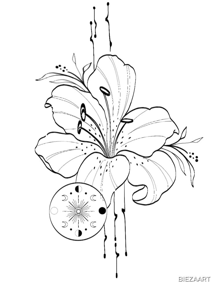 Mystic Lily & Moon Phases – Minimal Line Art Tattoo Design by BIEZAART T-Shirts, Hoodie, Sweatshirt (Image 3)