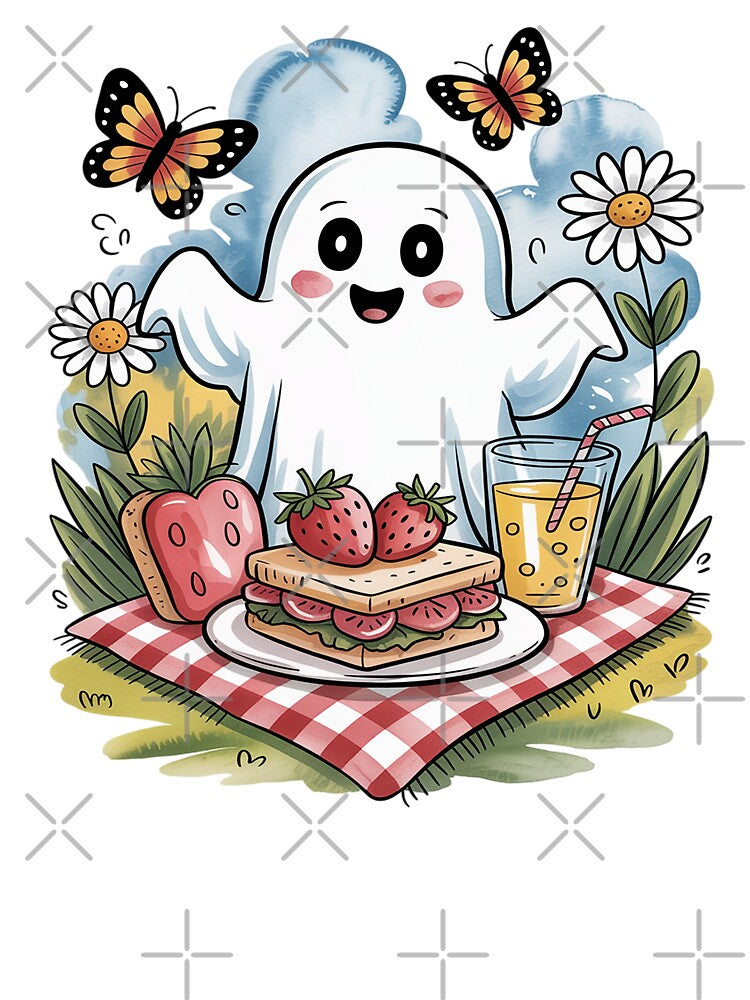 Picnic Ghost Shirt Summer Watercolor Tattoo Tee, Whimsical Cottagecore Picnic Top Unisex Tee, Sweatshirt and... (Image 3)