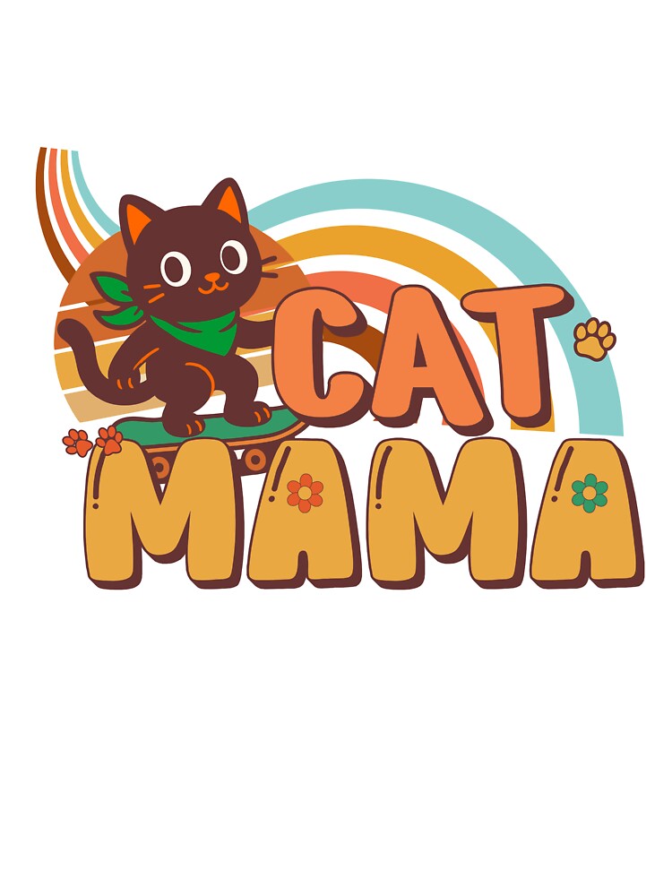 Retro Cat Mama – Cute Vintage Cat on Skateboard with Rainbow Background | Retro Aesthetic Cat Illustration by... (Image 3)