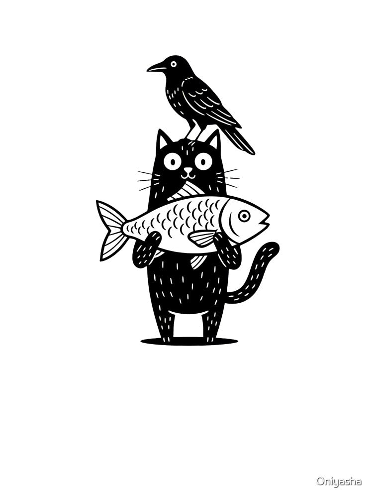 Black Cat Holding Fish Crow by Oniyasha T-Shirts, Hoodie, Sweatshirt | BlankRebels.com (Image 3)
