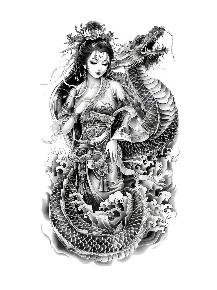 Japanese Woman And Dragon. Tattoo Style Art by Lucy Goosy Art T-Shirts, Hoodie, Sweatshirt | BlankRebels.com (Image 3)