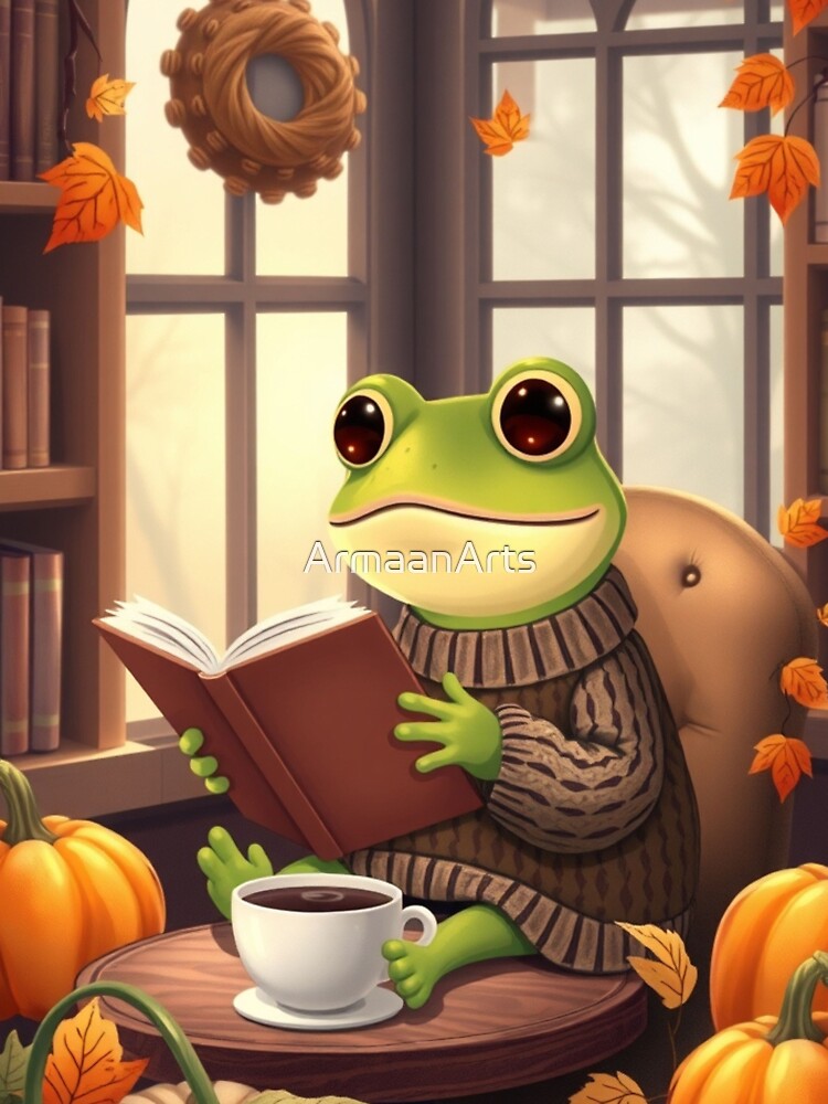 Autumn Frog Reading T-Shirt | Cozy Bookworm Frog | Cute Fall Animal Tee by ArmaanArts Hoodie, Sweatshirt (Image 3)
