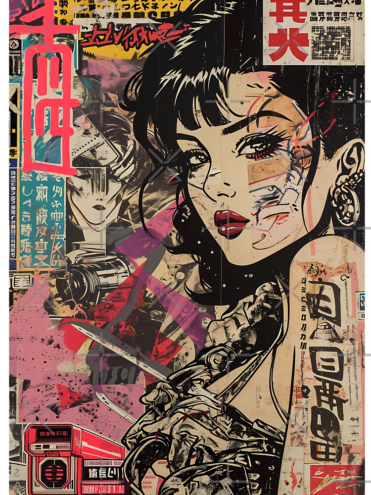 Cyberpunk Samurai Girl Japanese Street Art Poster – Neo Tokyo Pop Art Collage by InkDropStudio20
