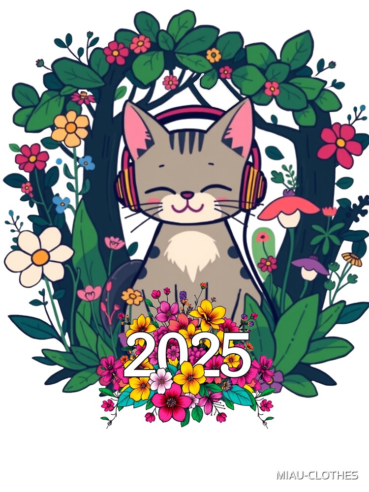 Cute Cat with Headphones – Listening to Music in Flower Forest – 2025 Floral Design T-shirt – Adorable Cat... (Image 3)