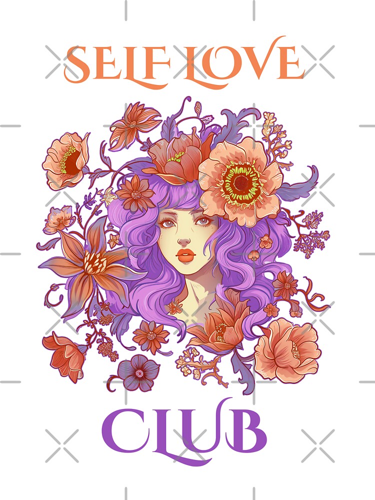 Self Love Club. Motivational Quote and Cartoon Comic Girl with Flowers in Hair. Positive Mind. by LotusBlanc... (Image 3)